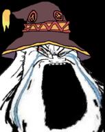 anime bloodshot_eyes clothes crying distorted glasses hat konosuba megumin open_mouth soyjak stretched_mouth stubble variant:soyak witch // 798x1000 // 458.4KB