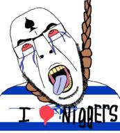 bbc bloodshot_eyes clothes crying glasses hanging i_heart_nigger i_love israel nato nigger open_mouth queen_of_spades rope soyjak stubble subvariant:cobson_front suicide tattoo text tongue variant:cobson yellow_teeth // 900x1000 // 143.9KB