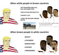american_flag americaryan angry black_skin blue_eyes brown_skin dark_skin excited hand hands_up pointing seethe shitskin united_states variant:chudjak yellow_hair // 2037x1906 // 880.0KB