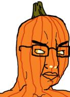 closed_mouth food fruit glasses jack_o_lantern orange_eyes orange_skin pumpkin soyjak variant:chudjak yellow_eyes // 360x500 // 76.7KB