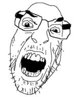 eyebrows facial_hair glasses open_mouth soyjak stubble teeth variant:scaron // 445x555 // 58.6KB