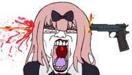 anime blood bloodshot_eyes chika_fujiwara clothes gun hair kaguya_sama_love_is_war open_mouth pink_hair shot soyjak subvariant:chudjak_front suicide variant:chudjak weapon // 1178x673 // 355.4KB