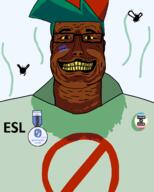 black_skin blood_meridian blue_hair boyfriend_(friday_night_funkin') cap closed_mouth clothes discord discord_logo_facial_mark facial_mark fnf_pedo friday_night_funkin' glasses green_hat grin hair hat judge_holden map_(pedophile) ominous pedophile series:esl_pedo_league shadow soyjak stinky sweating text variant:judgejak yellow_sclera // 1290x1606 // 203.2KB