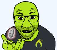 artist:bucephalus_(kiwi_farms) clothes glasses green_skin hand holding_object kiwifarms looking_at_you moai negrate open_mouth perro_hold political_sperging series:kiwiperros soyjak sticker stubble subvariant transparent_background tshirt variant:el_perro_rabioso // 820x720 // 57.7KB