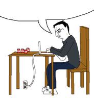 can closed_mouth clothes computer full_body glasses hair side_profile sitting smile soda soyjak speech_bubble speech_bubble_empty table variant:chudjak virgin // 979x1024 // 280.8KB