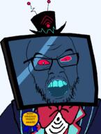 angry antenna award blue_skin blue_teeth bowtie clothes glasses hat hazbin_hotel monitor most_obsessed_faggot_award red_eyes reflection screen shading stubble television top_hat tuxedo variant:feraljak vivziepop vox // 766x1015 // 39.7KB