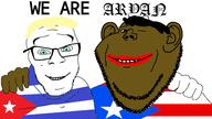 2soyjaks aryan black blue_eyes countrywar cuba cuba_vs_puerto_rico ear flag flag:cuba flag:puerto_rico friendship hair looking_at_you no_more_brother_wars puerto_rico soyjak star_(symbol) stubble text variant:feraljak variant:impish_soyak_ears yellow_hair yellow_sclera // 1920x1080 // 270.3KB