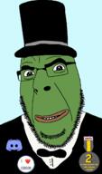 bowtie clothes discord frog glasses green_skin hat i_love pepe smile soot_colors soyjak soyjak_cafe soyjak_party stubble text top_hat tuxedo variant:cobson // 769x1312 // 90.5KB