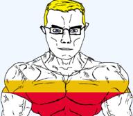 arm blue_eyes buff closed_mouth clothes country flag flag:lesser_poland glasses hair lesser_poland poland soyjak subvariant:chudjak_front subvariant:muscular_chud transparent transparent_background tshirt variant:chudjak vein voivodeship yellow_hair // 1059x929 // 35.9KB