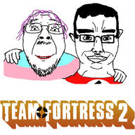 2soyjaks chud_troon_alliance closed_mouth clothes ear flag friendship glasses hair hand mustache purple_hair smile soyjak stubble subvariant:chudjak_front team_fortress_2 text tranny variant:bernd variant:chudjak video_game // 860x858 // 331.5KB