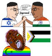 3soyjaks ack ack! arm black_skin bloodshot_eyes boylover boylover_symbol brown_skin closed_mouth clothes countrywar crescent_and_star crying dead flag flag:india flag:israel flag:lgbt_pride_flag flag:palestine flags glasses hair hand handshake handsome hanging india indian islam israel israeli jews judaism meta:tagme mustache open_mouth palestine palestine_flag palestinian purple_hair queen_of_spades ranjeet rope side_profile smile smug soyjak speech_bubble star_and_crescent star_of_david stubble text tongue variant:bernd variant:chudjak yellow_teeth // 1554x1677 // 343.1KB