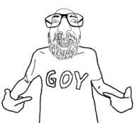 arm beard clothes glasses hand merge open_mouth pointing soyjak text tshirt variant:israeli_soyjak variant:shirtjak // 618x559 // 38.3KB