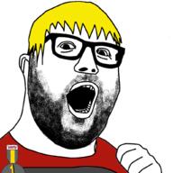 badge clothes glasses hair nate open_mouth soyjak soyjak_party stubble variant:hot_sauce yellow_hair // 1024x1024 // 272.8KB