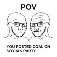 2soyjaks coal glasses half_open_mouth neutral pov scared soyjak soyjak_party stubble subvariant:soyak_(concerned) text variant:soyak // 1500x1500 // 68.7KB