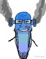 angry bloodshot_eyes blue blue_skin calm closed_mouth ear faceapp fume glasses gradient ogre_ears smile smoke soyjak stretched_chin stubble subvariant:longplier text variant:markiplier_soyjak // 785x1000 // 232.8KB