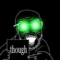 angry black_skin crazed eyebrows finger glasses glowing_eyes green_eyes hand holding_object looking_at_you mustache open_mouth pointing stubble subvariant:soyak_(crazed) text thougher variant:feraljak variant:soyak wrinkles // 1024x1024 // 178.4KB