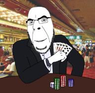 arm card closed_mouth clothes glasses holding_object irl_background poker smile soyjak stubble suit table variant:cobson watch // 846x831 // 768.2KB