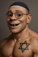 clothes deformed gigachad glasses hat judaism kippah meta:ai_generated realistic s smile soyjak star_of_david stubble subvariant:emmanuel subvariant:wholesome_soyjak variant:gapejak // 1024x1536 // 2.6MB