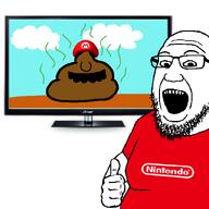 bald beard clothes cloud glasses hat mario mustache nintendie nintendo open_mouth poop red_shirt stink_lines stubble super_mario television thumbs_up variant:thumboy video_game white_background white_skin wrinkles // 800x800 // 79.8KB
