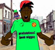 2soyjaks arm bloodshot_eyes brown_skin cap clothes crack ear fnf_pedo friday_night_funkin' froge glasses hair hand hat irl_background janny open_mouth pointing soyjak stubble text variant:gapejak variant:shirtjak // 618x559 // 280.5KB