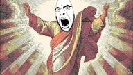 arm christianity clothes cloud glasses god hair hand hands_up light open_mouth soyjak stubble teeth variant:cobson // 1280x720 // 2.3MB