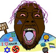 4chan award baited_nobody_award black_skin brown_skin brown_troonjak discord flag flag:minor_attracted_person flag:sierra_leone friday_night_funkin glasses open_mouth posted_it_again_award purple_hair reddit rent_free sierra_leone sign soyjak star_of_david stubble teeth tongue tranny trend:slopjak twitter // 1200x1125 // 157.6KB