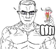 angry bloodshot_eyes fist holding_object looking_at_each_other looking_to_the_right satoko_houjou(namefag) subvariant:muscular_chud template variant:chudjak variant:feraljak // 1059x929 // 173.5KB