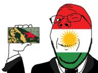 card clothes flag flag:kurdistan glasses hand holding_object kurdish kurdistan necktie propaganda smile soyjak stubble subvariant:wholesome_soyjak suit variant:gapejak wink // 962x718 // 250.4KB