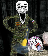 2soyjaks arm bloodshot_eyes camouflage clothes crying dead deformed ear emr_pattern flag forest glasses hair irl_background military mustache night oink open_mouth purple_hair ribbon_of_saint_george rope russia russo_ukrainian_war sledgehammer soyjak stretched_mouth stubble subvariant:el_perro_loco text tongue tranny tshirt ukraine variant:bernd variant:el_perro_rabioso variant:markiplier_soyjak yellow_teeth z_(russian_symbol) // 1801x2073 // 648.2KB