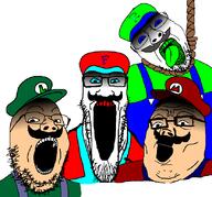 4soyjaks ack blue_sclera bootleg clothes fortran glasses green_teeth green_tongue hair hat malleo mustache open_mouth ragamiicho red_teeth soyjak soyjak_trio sqrlyjack stubble suicide tongue variant:bernd variant:gapejak variant:markiplier_soyjak variant:tony_soprano_soyjak video_game weegee // 828x772 // 123.2KB