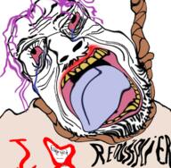 bloodshot_eyes crying deformed glasses hair hanging i_heart_nigger i_love mustache open_mouth purple_hair rope soyjak stubble suicide text tired tongue tranny variant:bernd variant:markiplier_soyjak yellow_teeth // 726x711 // 626.1KB