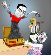 4soyjaks angry animal arm art box chud classical_art_parody claws closed_mouth clothes crying dog ghost glasses greek_mythology hair hand janny key laurel mustache mythology open_mouth pandora_box purple_hair rake scared smile smug soyjak stubble subvariant:feralsquirrel suspenders text tongue tranny trend:squirreljakking variant:bernd variant:chudjak variant:feraljak variant:soyak yellow_skin yellow_teeth // 1488x1600 // 721.9KB