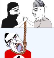 3soyjaks anti_fascist antifa bloodshot_eyes clothes crying flag flag:nazi_germany glasses hair handshake hanging holding_rope islam mustache nazism open_mouth pol_(4chan) politics rope soyjak subvariant:chudjak_front suicide swastika tongue variant:chudjak yellow_teeth // 1560x1677 // 617.3KB