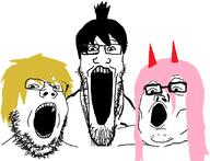 3soyjaks aki anime chainsaw_man denji_(chainsaw_man) female glasses hayakawa_aki long_hair open_mouth pink_hair power_(chainsaw_man) soyjak_trio stubble variant:gapejak variant:markiplier_soyjak variant:tony_soprano_soyjak yellow_hair // 858x658 // 224.8KB