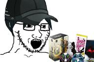 anime blue_hair cap clothes consoomer danganronpa:_trigger_happy_havoc danganronpa_(series) danganronpa_v3:_killing_harmony disc glasses hat kirigiri_kyoko merchandise monokuma naegi_makoto open_mouth playstation plush saihara_shuichi soyjak stubble variant:soyak video_game // 1200x800 // 707.3KB