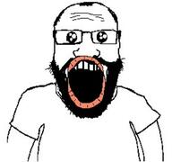 arm beard clothes glasses lips oh_my_god_she_is_so_attractive open_mouth soyjak subvariant:science_lover tshirt variant:markiplier_soyjak // 532x500 // 58.6KB