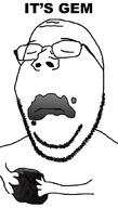 arm closed_eyes closed_mouth coal eating eyes_closed gem glasses hand holding_coal holding_object its_over soyjak stubble subvariant:wholesome_soyjak text variant:gapejak // 600x1053 // 95.2KB