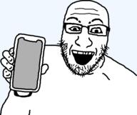 glasses hand holding_object holding_phone open_mouth phone soyjak stubble turkey_tom variant:unknown // 607x509 // 21.4KB