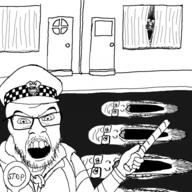 angry arm clothes drawn_background glasses hand hat holding_object multiple_soyjaks mustache open_mouth police police_hat road schizo schizophrenia soyjak stubble subvariant:schizojak variant:feraljak variant:markiplier_soyjak window // 600x600 // 221.5KB