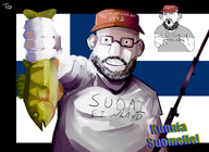 1995 arm art artist:tqqt beard clothes donald_trump drawfag drawing ear finland finnish_text fish fishing_rod flag flag:finland flag:s&aacute;mi_people glasses gray_shirt green_eyes hand hat holding_object meta:namefags nose open_mouth red_hat smile stubble suomi text toniylijani_(user) variant:norwegian watermark white_skin // 1350x985 // 792.5KB