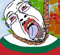 ack anhero bloodshot_eyes bulgaria bulgarian_(user) clothes country crying europe flag glasses hanging map mustache open_mouth rope soyjak stubble suicide tongue variant:bernd yellow_teeth // 754x704 // 499.5KB