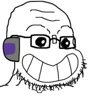 black_eyes ear glasses grin no_nose robot smile soyjak stubble tape twitch variant:soyak // 1422x1563 // 571.6KB