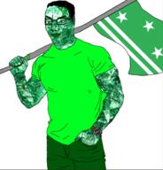 1488 buff closed_mouth clothes emerald flag flag:threat_level_green gem gem_skin gemerald glasses green_eyes green_pants green_shirt green_skin hair holding_flag holding_object holding_sword schlog_color_event smile smug soyjak soyjak_blog star_(symbol) subvariant:muscular_chud2 sword threat_level_green tshirt variant:chudjak vein watch // 605x631 // 215.2KB