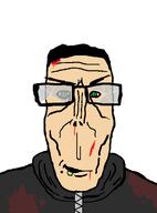 alfietheboorufag_(user) black_hood black_jacket blood blood_from_mouth blood_from_nose bloodstained_hood broken_glasses clean_shaven front_facing gash glasses green_eyes hair hoodie injured looking_at_you meta:op_took_a_selfie_of_xerself no_stubble open_mouth scar shaved skin subvariant:euromutt variant:markiplier_soyjak white_skin zipper // 590x796 // 19.3KB