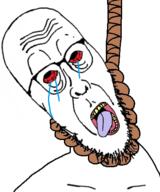 bloodshot_eyes glasses hanging meta:leaky noose open_mouth stephen_colbert straw tongue variant:cobbert // 393x473 // 98.7KB