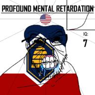 angry bald beehive black_eyes black_hole black_sclera clenched_teeth closed_mouth cracked_teeth drool ear flag flag:united_states flag:utah glasses hair iq iq_bell_curve mustache nightmare_fuel no_pupils profound_mental_retardation retard soyjak star_(symbol) state stubble text united_states utah variant:feraljak wrinkles // 1024x1024 // 93.8KB