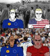 1950 2022 4soyjaks amerimutt balding brown_hair brown_skin closed_mouth clothes ear euromutt european_union flag flag:european_union flag:united_states football glasses hair half_open_mouth mcdonalds soccer stubble subvariant:chudjak_front subvariant:euromutt subvariant:muscular_chud text variant:chudjak variant:markiplier_soyjak yellow_hair // 753x845 // 761.9KB