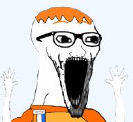 arm badge clothes glasses hair hand hands_up open_mouth orange_hair soyjak soyzellig_party stubble subvariant:wewjak variant:soyak zach zarty // 640x591 // 128.7KB