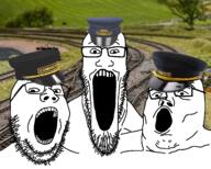 clothes glasses hat irl_background rail soyjak soyjak_trio stubble train_conductor variant:gapejak variant:markiplier_soyjak variant:tony_soprano_soyjak // 1656x1327 // 1.2MB