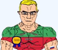 arm arrow award bayonet blue_eyes bow buff christianity closed_mouth clothes eastern_orthodox flag flag:russia flag:zaporizhzhia_oblast glasses gun hair nuclear oblast orthodox_cross russia soyjak subvariant:chudjak_front subvariant:muscular_chud text transparent transparent_background tshirt ukraine variant:chudjak vein yellow_hair zaporizhzhia_nuclear_power_plant zaporizhzhia_oblast // 1059x929 // 129.8KB